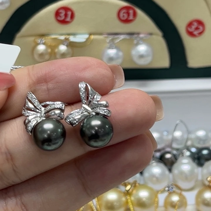 银S925镶嵌海水珍珠耳饰大溪地10-12mm83