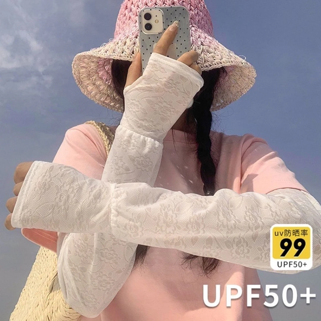 温柔仙女风蕾丝防晒冰袖女夏季冰丝宽松透气骑行手袖防紫外线袖套