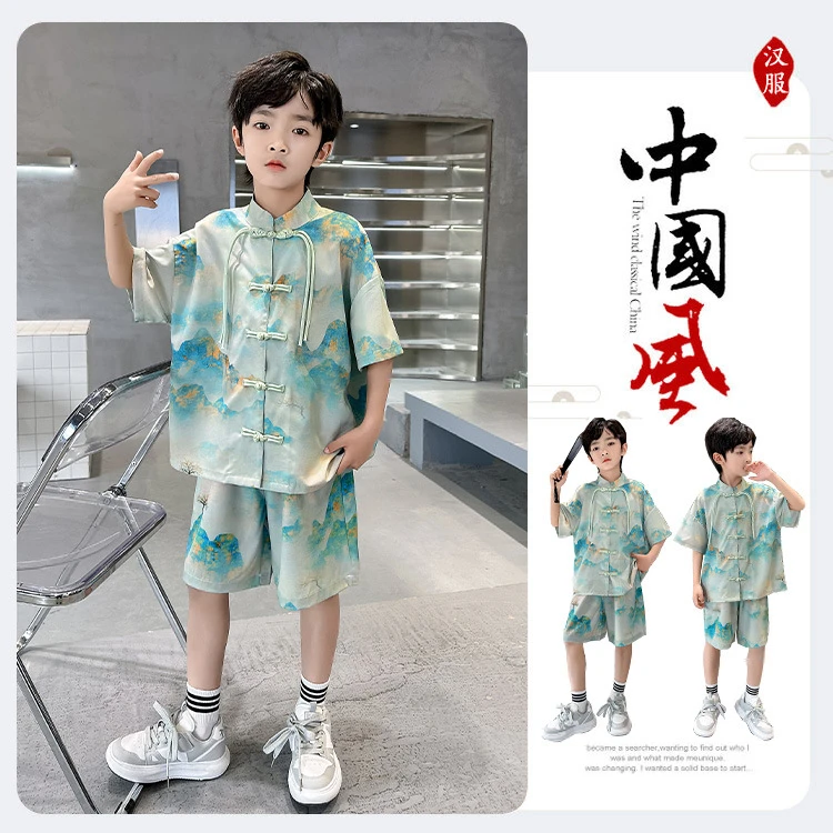 男童新中式汉服夏季潮款薄痞帅儿童短袖衬衫套装宝宝中国风唐宋装