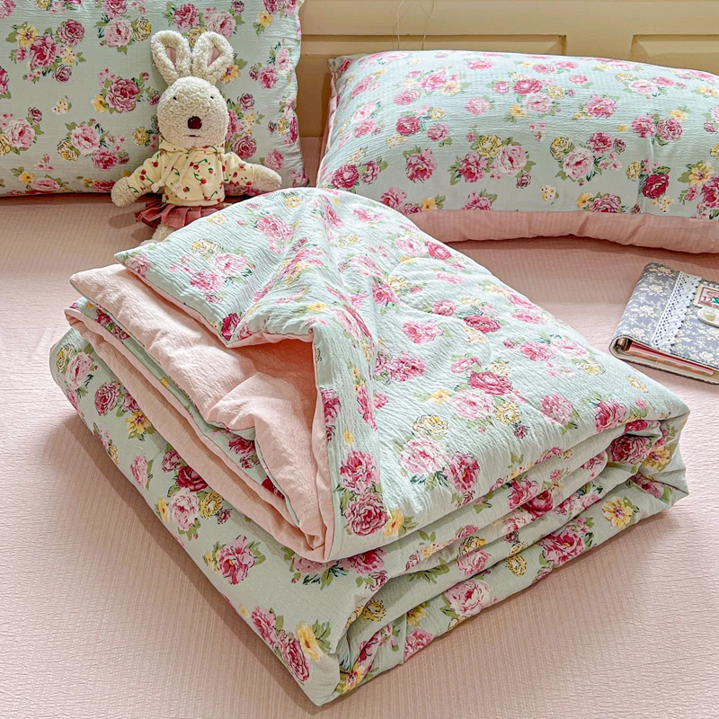 花园绿夏凉被四件套夏被枕套床单皱皱纱双层纱床上用品