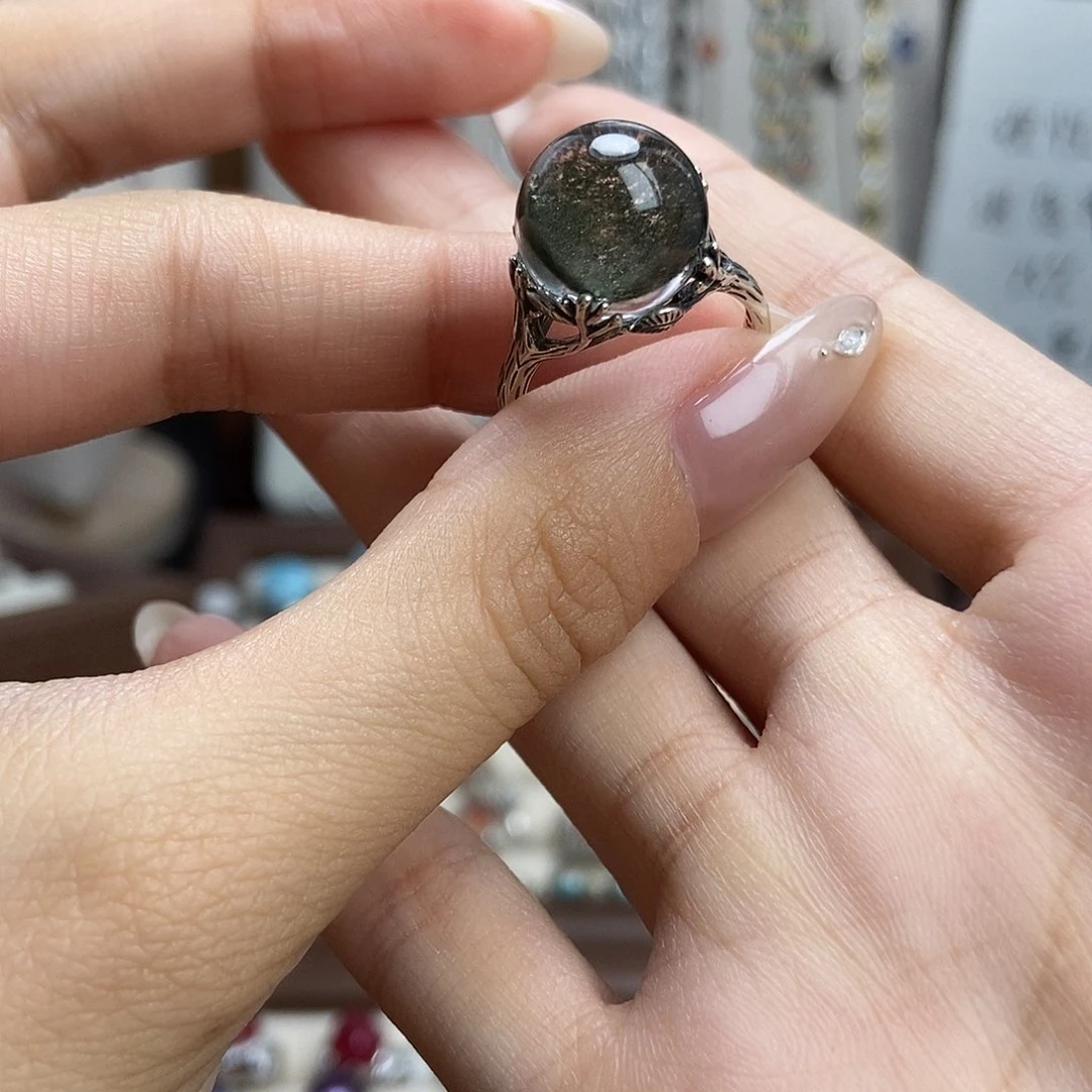 水晶戒指银S925镶嵌萌***呦绿幽灵
