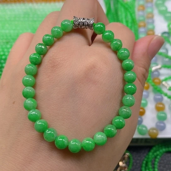 翡翠未镶嵌颈饰H**ǎ缅甸天然翡翠阳绿手链6.4，27颗