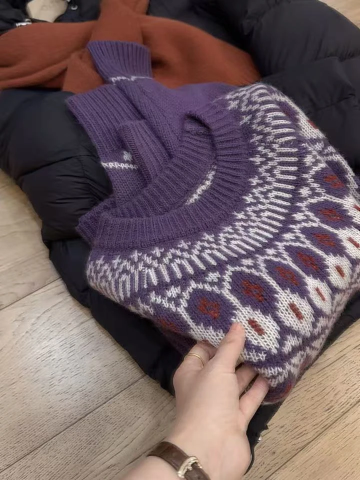 七言家氛围感穿搭！#葡萄紫复古费尔岛软糯加厚毛衣031@