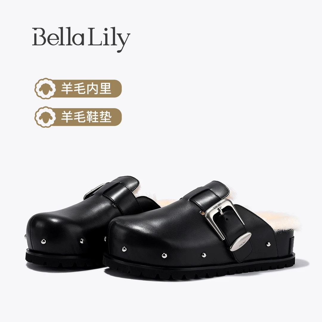 BellaLily2025秋季新款经典毛毛半拖鞋女铆钉厚底一脚蹬包头鞋子