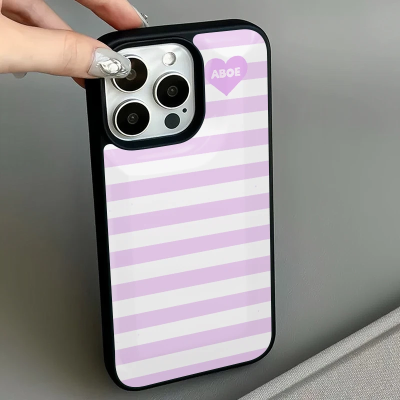 【黄油专属】韩系ins爱心粉条纹适用苹果16pro女iphone15玻璃手机壳