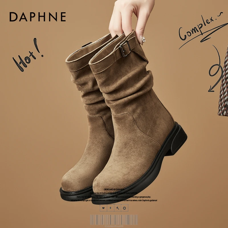 达芙妮网红爆款短靴女2025秋冬复古靴子厚底加绒马丁靴西部靴女款