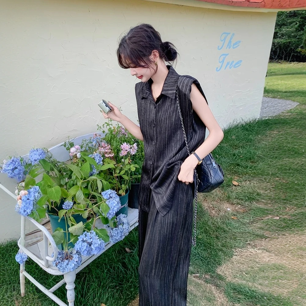 竖条纹盐系轻熟风轻熟高级感阔腿裤无袖垫肩衬衫套装两件套女夏季