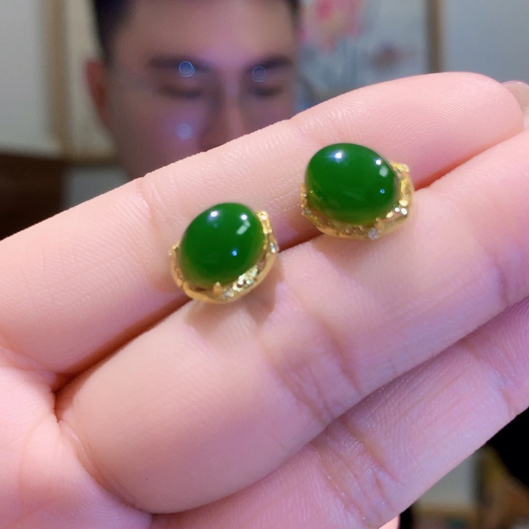 和田玉（碧玉）耳饰银S925镀金镶嵌