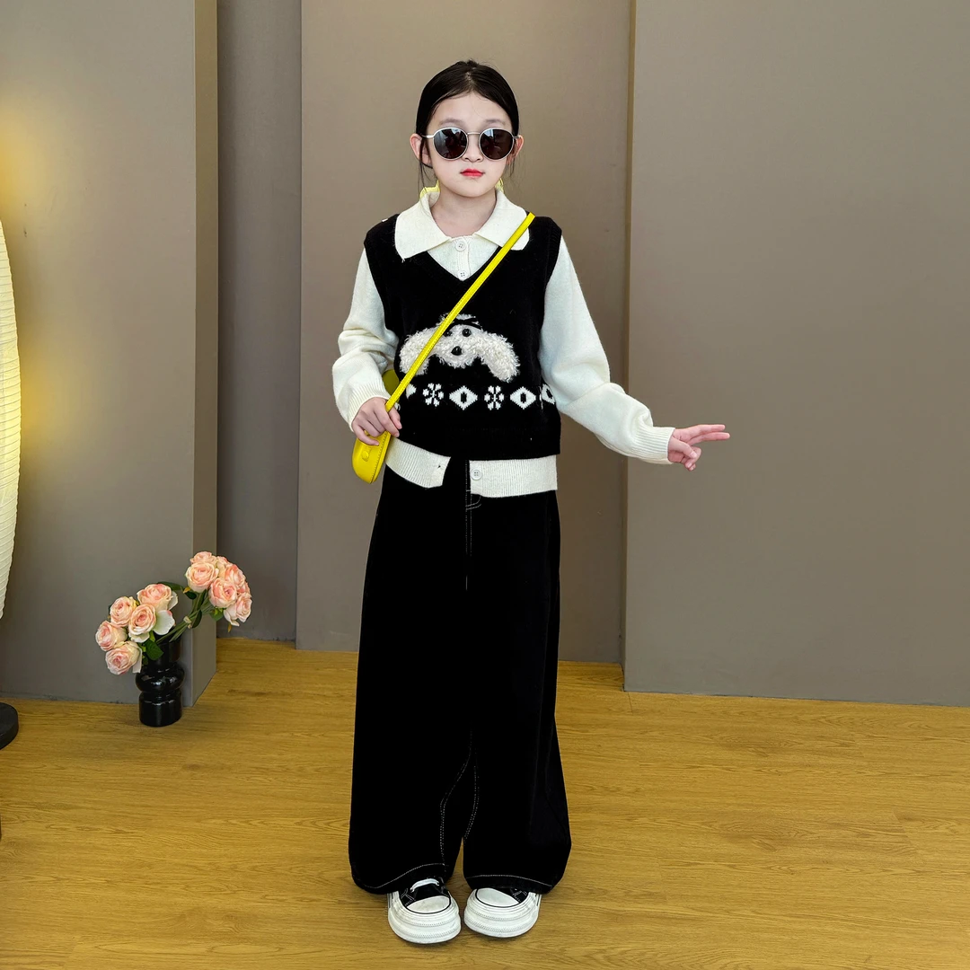 女童学院风套装2025新款韩系穿搭时尚春秋季假两件毛衣牛仔裤套装