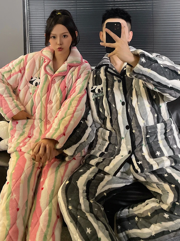 情侣睡衣加绒加厚大码夹棉情侣睡衣冬季女珊瑚绒新款家居服套装