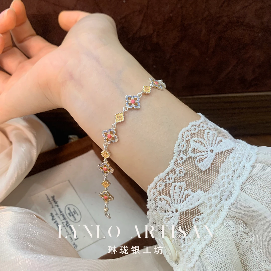 足银手链 【琳珑银工坊】足银999.9 珐琅彩四叶花手链送闺蜜礼物