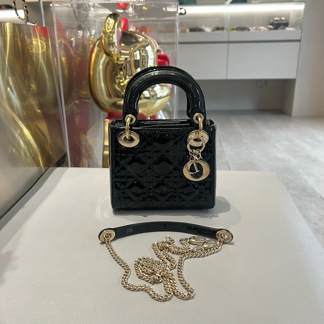 95新 DIOR/迪奥 黑金漆皮三格戴妃 经典黑金配色 可手拎单肩斜挎