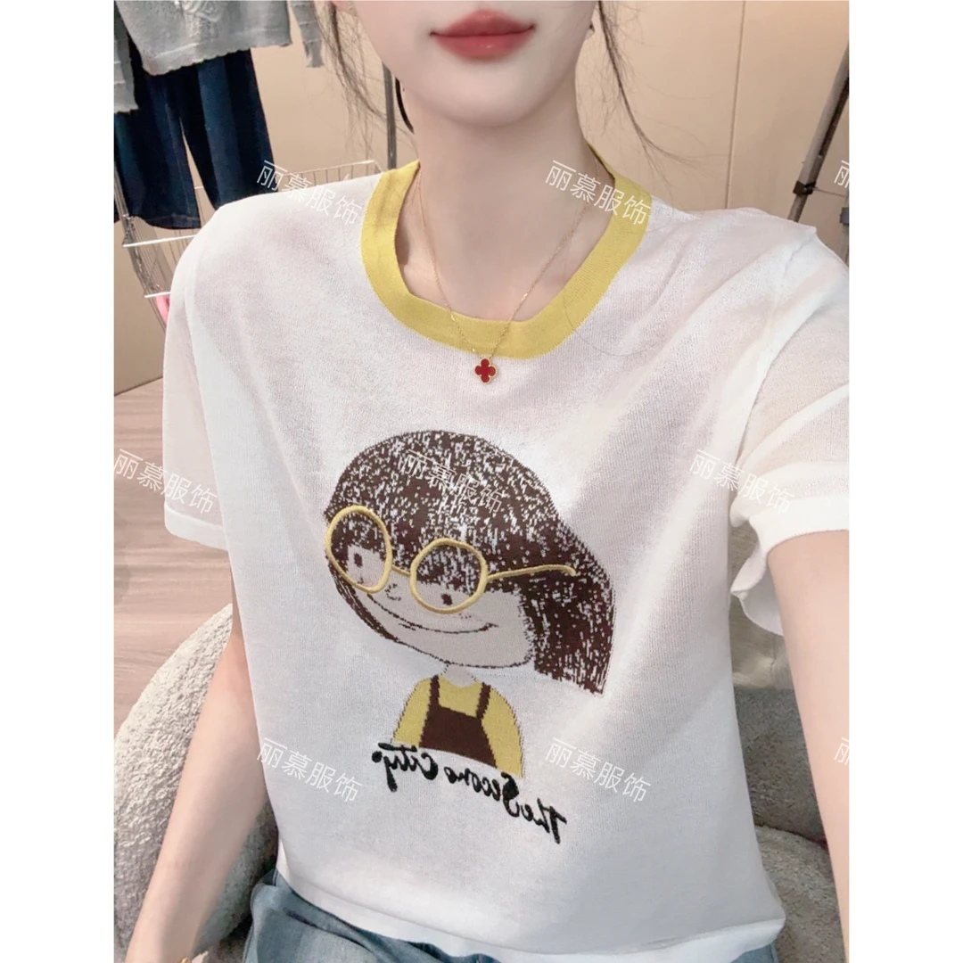 【卡通小女孩】竹节麻薄款夏季冰凉透气针织短袖T恤衫1639