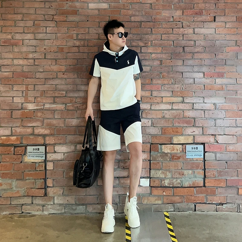 2025潮牌拼色连帽短袖短裤两件套男士夏季高级感薄款透气速干套装