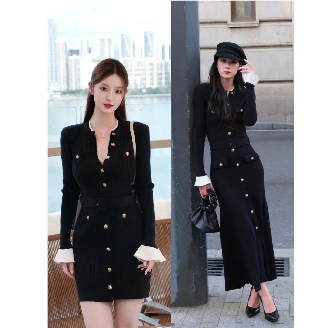 （珊珊家）原原单单杨超越同款秋冬新款藏青蓝色羊毛混纺修身连衣裙