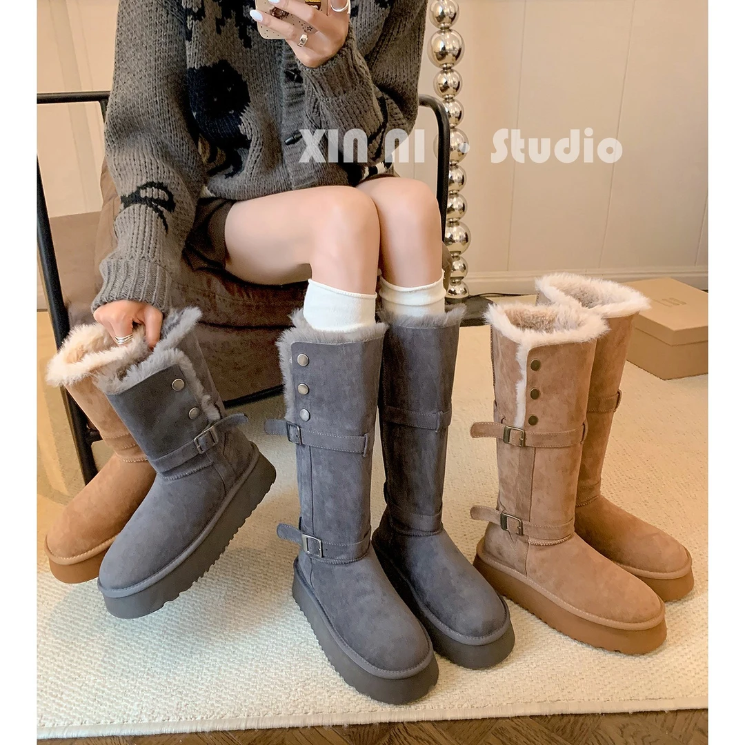扣带加厚雪地靴加厚增高雪地棉2025冬新款女筒靴子东北保暖大棉鞋