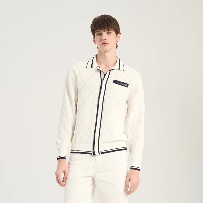 RARE威雅男装25春夏新款白色菱型挑孔黑边撞色时尚长袖开衫外套