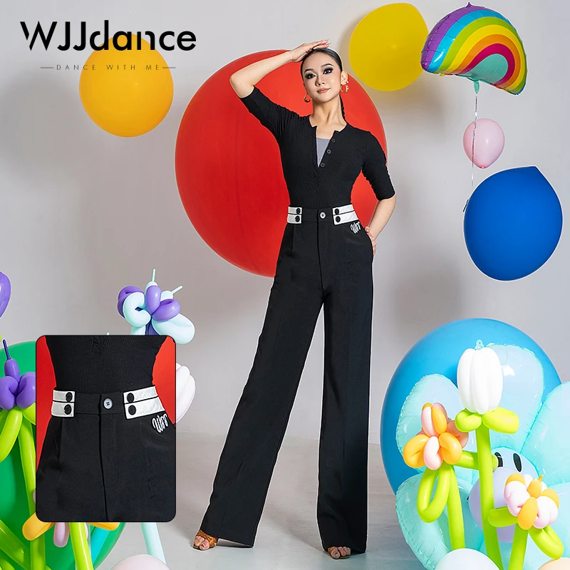 WJJdance国标舞口袋裤子女2025新款高腰头拼接撞色带拉丁摩登长裤