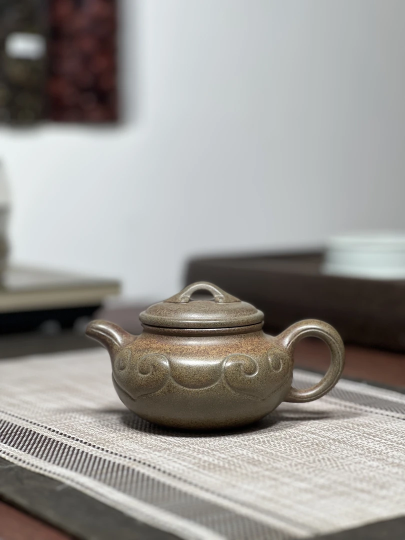 原矿蟹壳青段泥高温柴烧仿古如意半手工240毫升宜兴茶具紫砂壶064