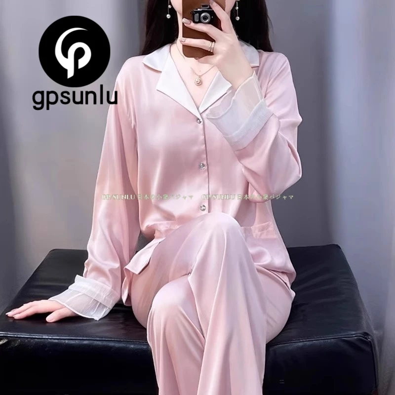 GPSUNLU法式睡衣女春秋花边长裤长袖家居服套装可外穿冰丝薄款