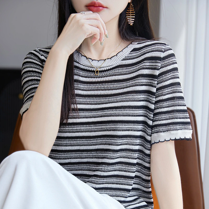 哥弟阿玛施正品短袖t恤女夏薄2025新款波嬉风宽松镂空流苏针织衫