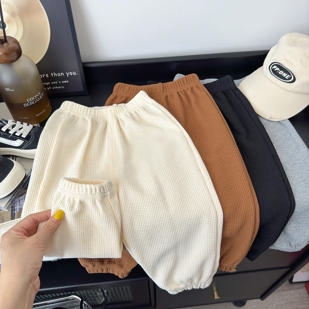 童裤秋季新款男童裤子女童华夫格休闲裤宝宝洋气百搭长裤童装