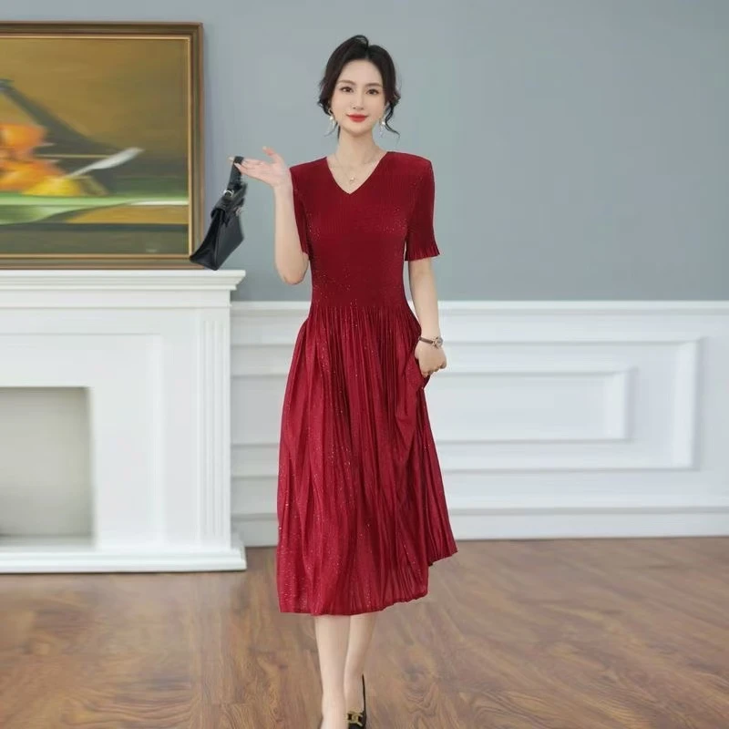 夏季气质中长款褶皱连衣裙显瘦大码洋气妈妈装90-180斤