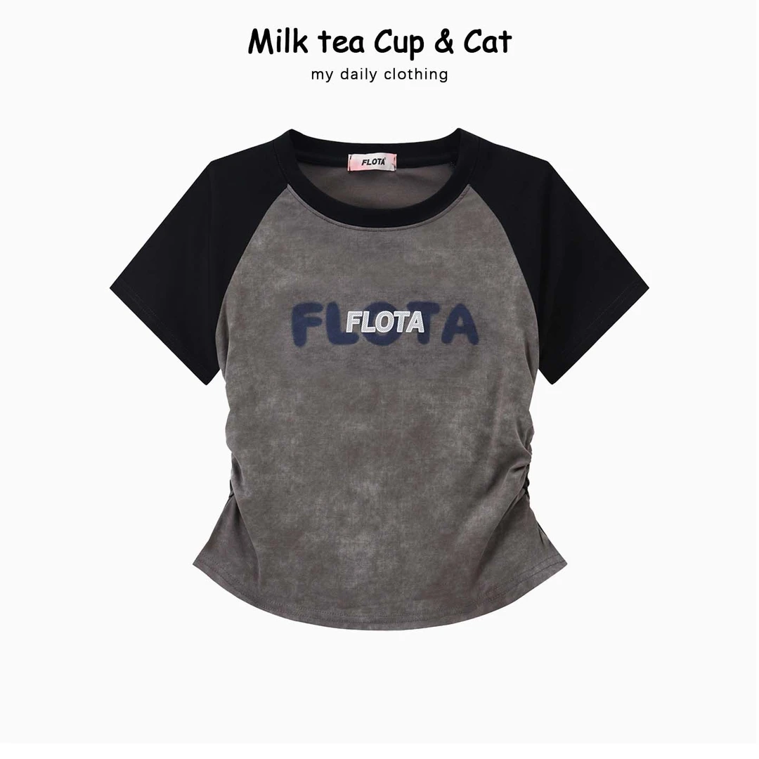 flota/0617 甜辣美式复古扎染发泡字母插肩袖显瘦收腰短上衣XJ