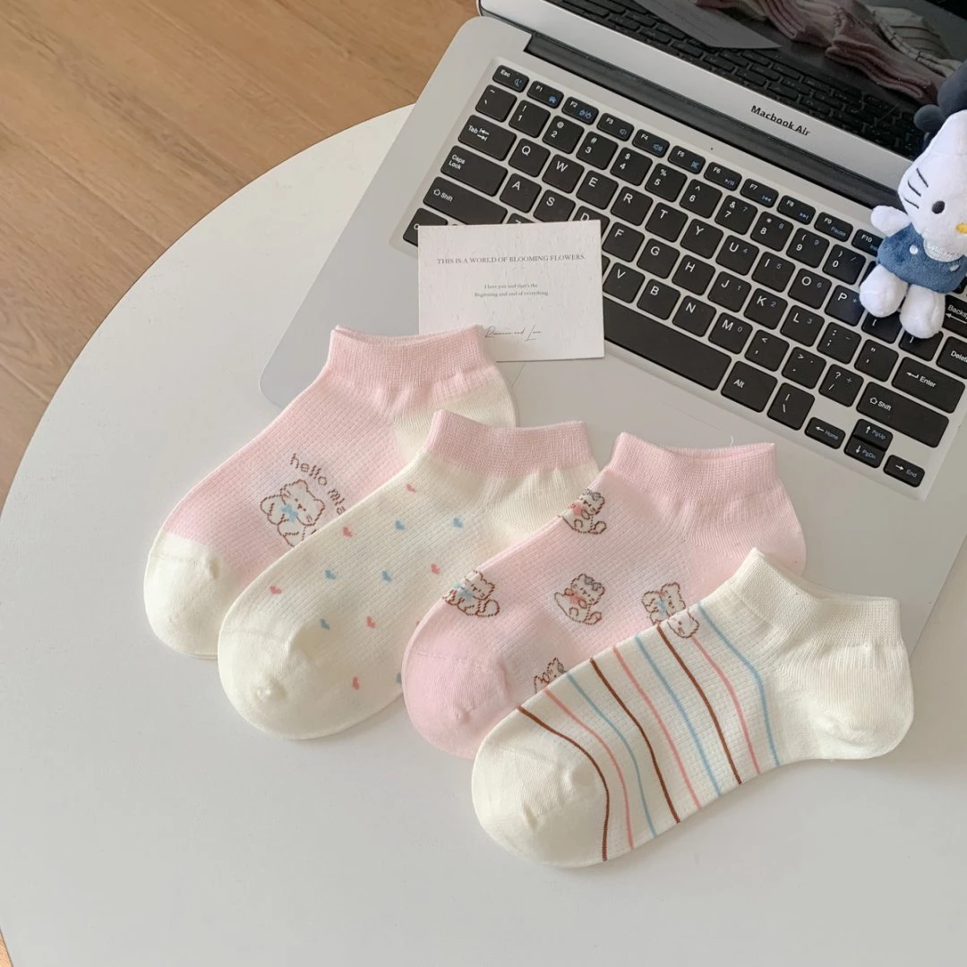 春夏新款粉色小猫咪短袜女士薄款短筒袜清新舒适柔软透气不臭脚