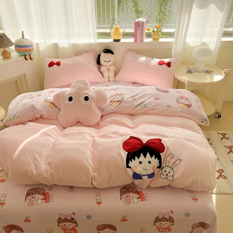 ZQ 8979 牛奶绒毛巾绣床单四件套 扎着蝴蝶结的小丸子