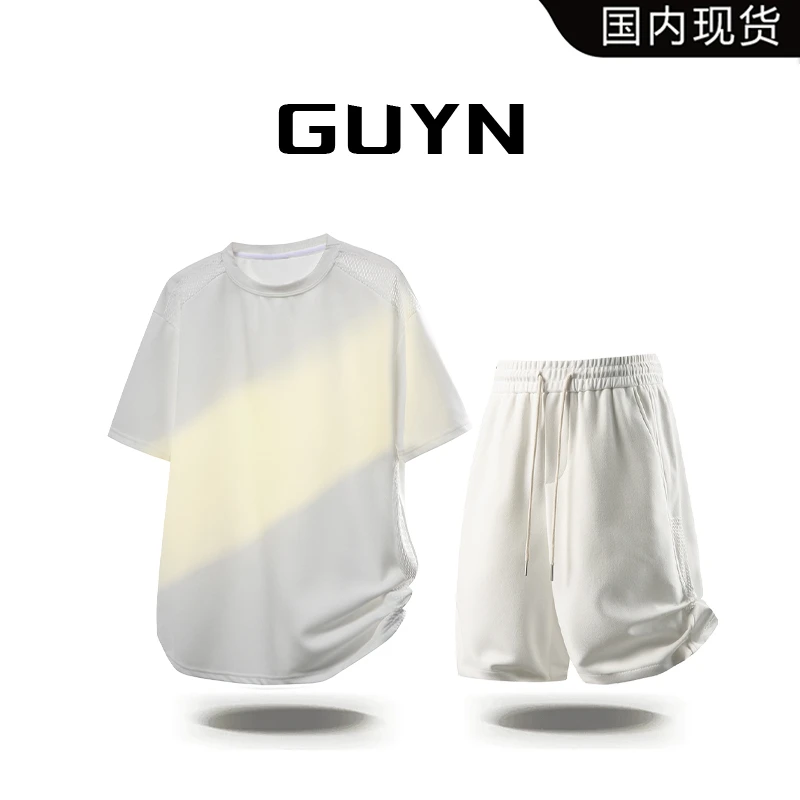 【品牌现货】GUYN网格拼接冰丝透气短裤男夏季薄款简约运动休闲套装