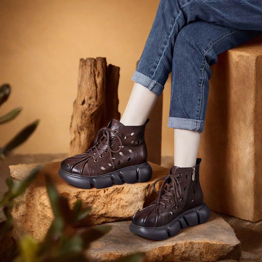 5cm镂空马丁靴女松糕厚底头层牛皮休闲复古透气短靴夏软底凉靴子