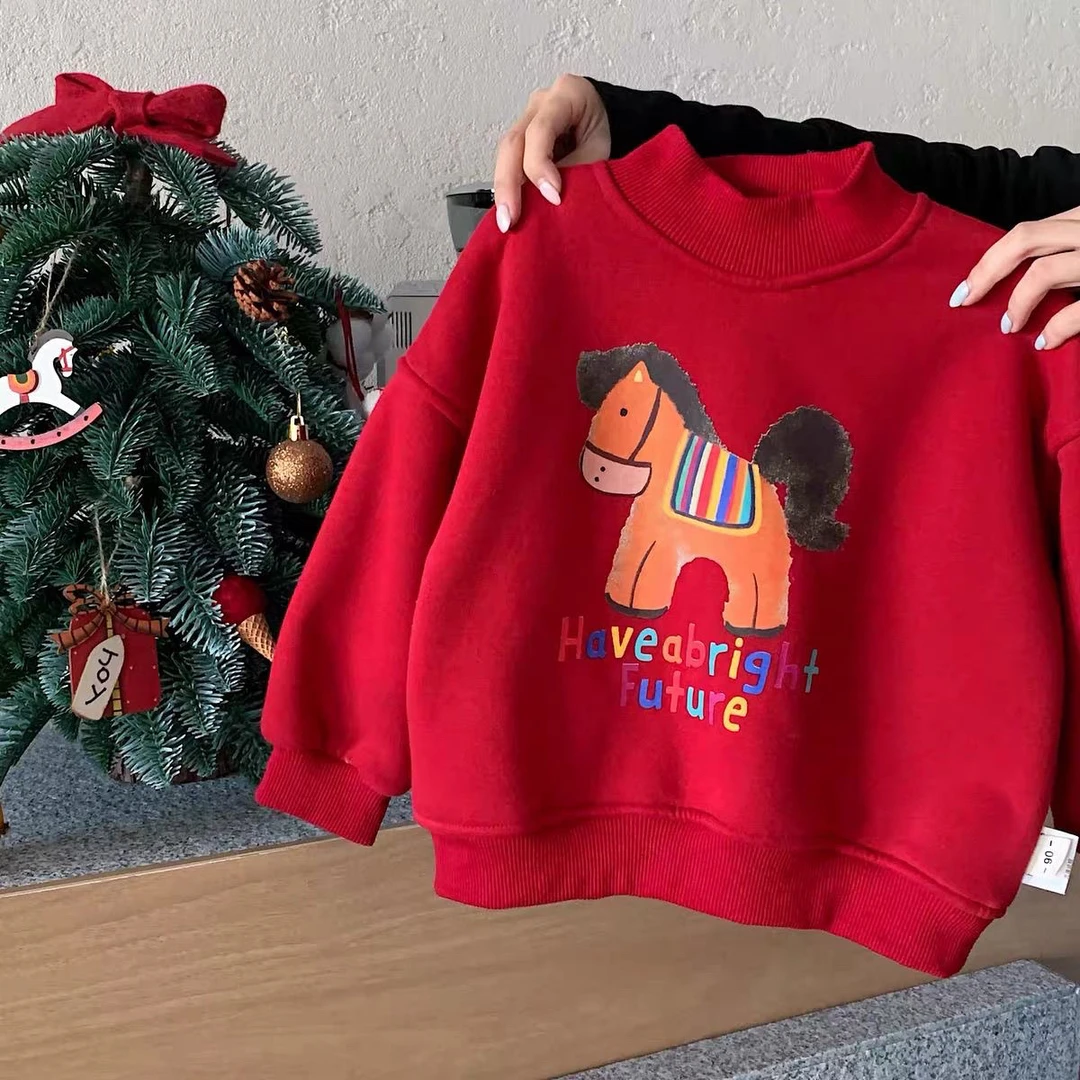 冬季新款儿童红色卡通加绒加厚喜庆拜年卫衣男女童宝宝套头衫上衣