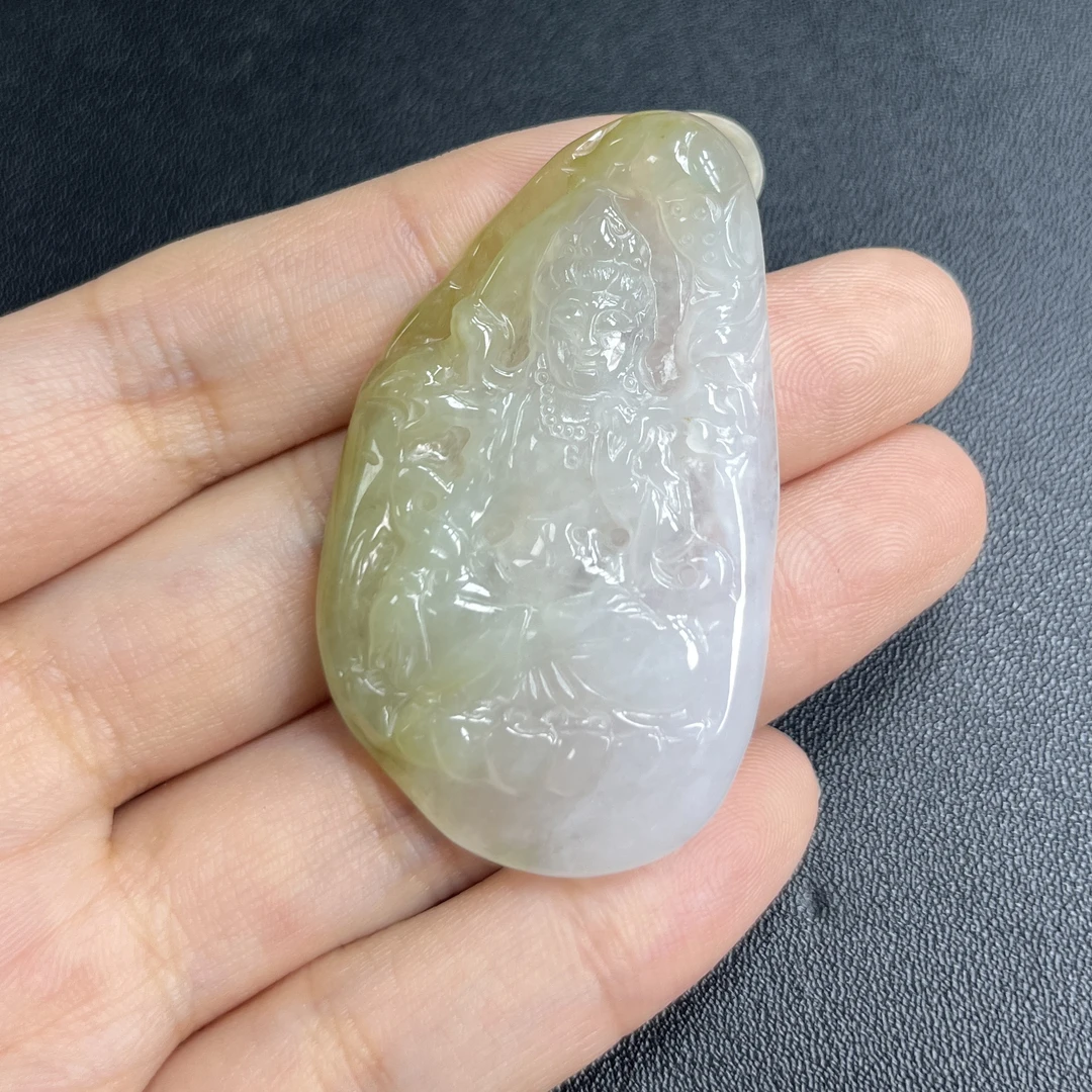 于于珠宝-天然A货缅甸翡翠冰胶黄翡守护神大势至菩萨51.1×30×5.2