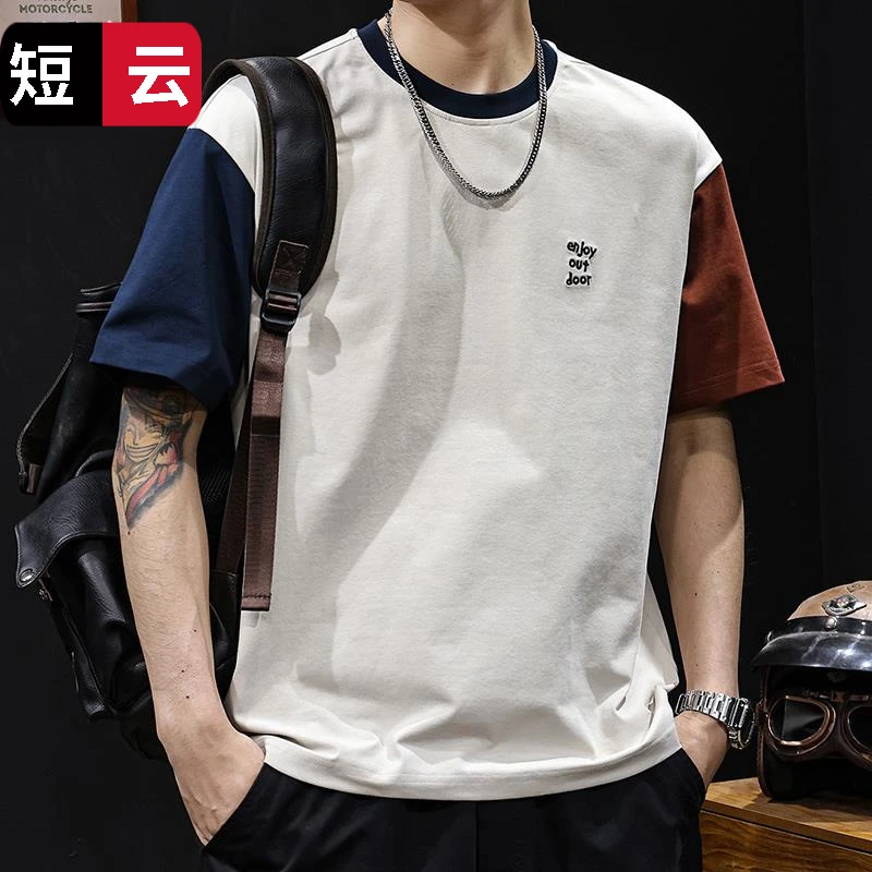 美式撞色拼接潮牌短袖t恤男士夏季2025新款宽松大码衣服高端体恤