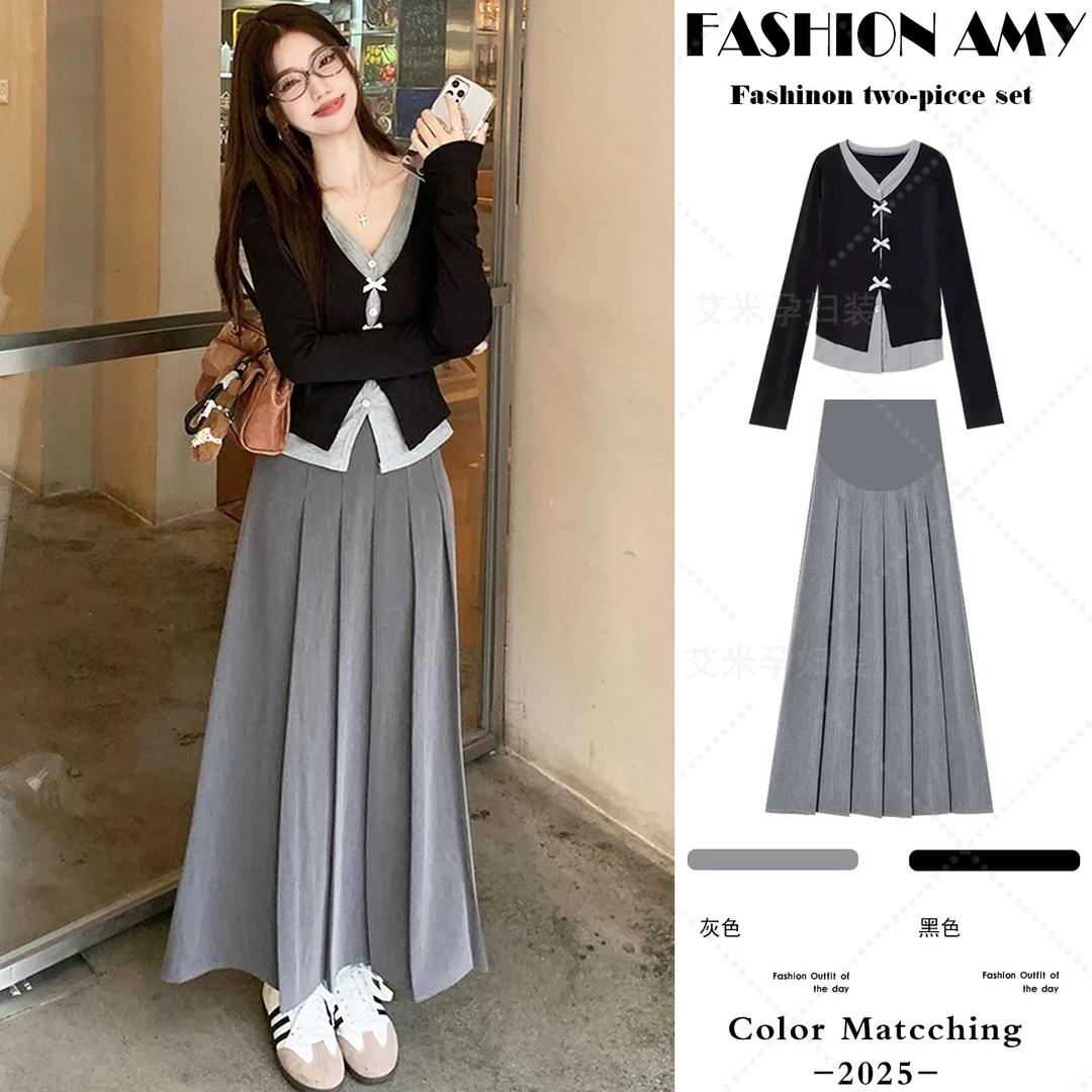 孕妇套装秋装新款时尚韩版学院风假两件长袖上衣显瘦托腹半身裙子