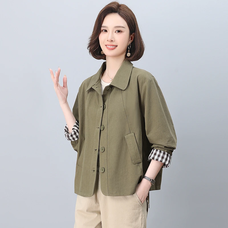 中年妈妈纯棉风衣外套女短款2025春秋新款小个子宽松大码夹克上衣