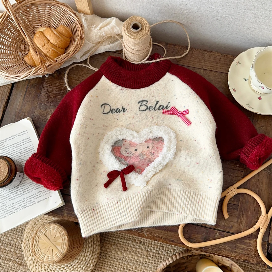 女童卡通毛线衣冬季新款儿童针织衫一体绒婴儿毛衣打底衫宝宝上衣