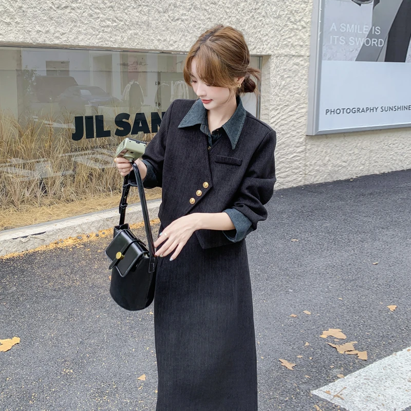 高级感灯芯绒外套半身裙套装女2025春季新款韩系女主穿搭两件套裙