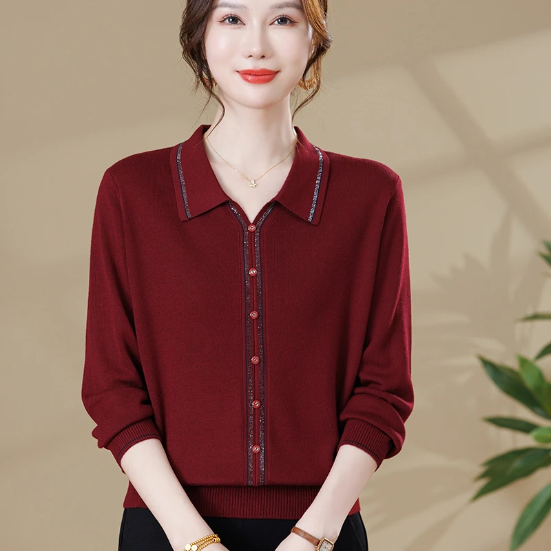 洋气妈妈秋冬装时尚翻领小衫长袖打底衫中老年人女装宽松大码毛衣