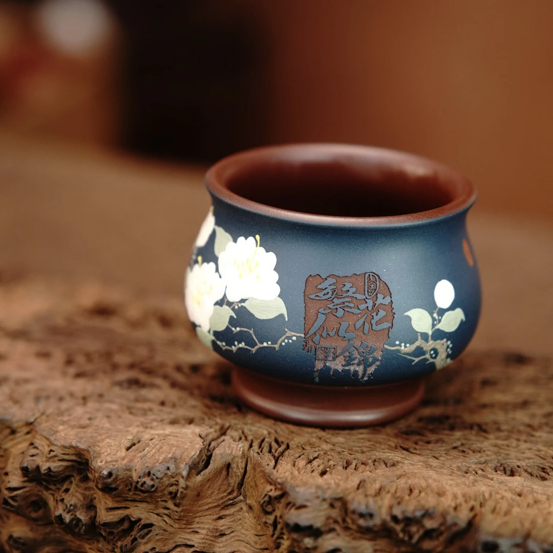 宜兴原矿紫砂茶具纯手工手绘大容量繁花似锦堆绘紫砂杯主人杯