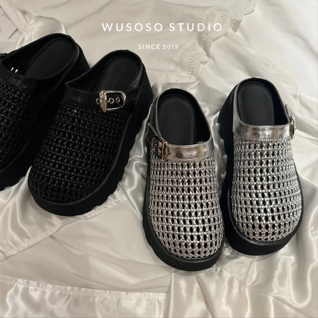 【soso】25ss｜编制网面透气厚底5cm一脚蹬拖鞋