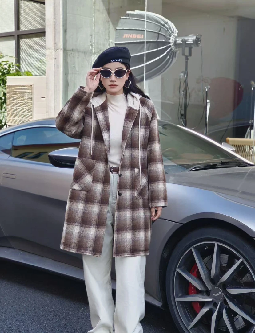 61109款衣长82-格纹大衣宽松质感长款外套秋冬2024毛呢外套女大衣