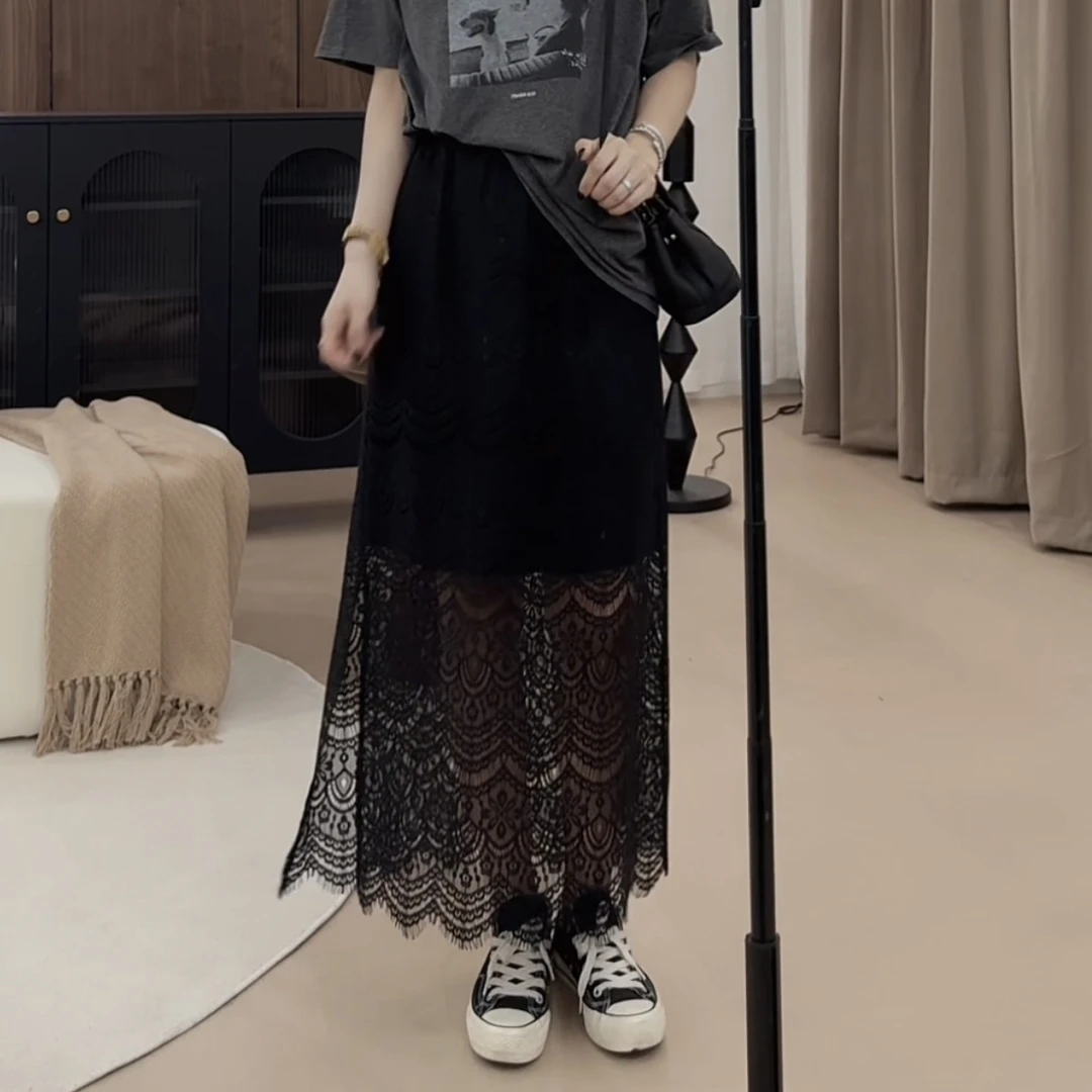 伟丽店3362款【蕾丝半身裙】夏季新款松紧腰侧开叉蕾丝半身裙网纱裙