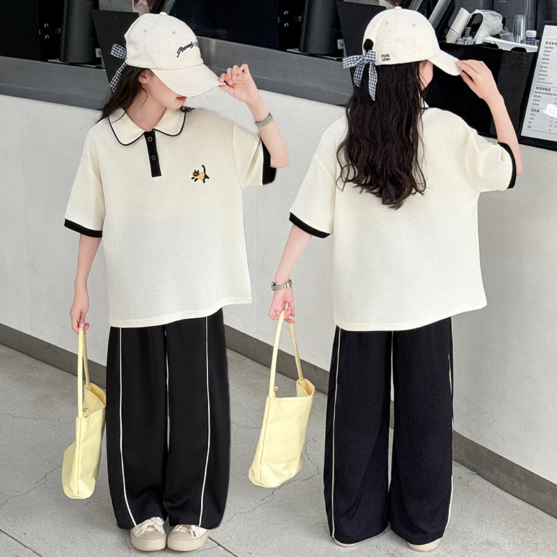 2025新款女童刺绣POLO衫套装中大童时尚简约百搭宽松显瘦洋气休闲