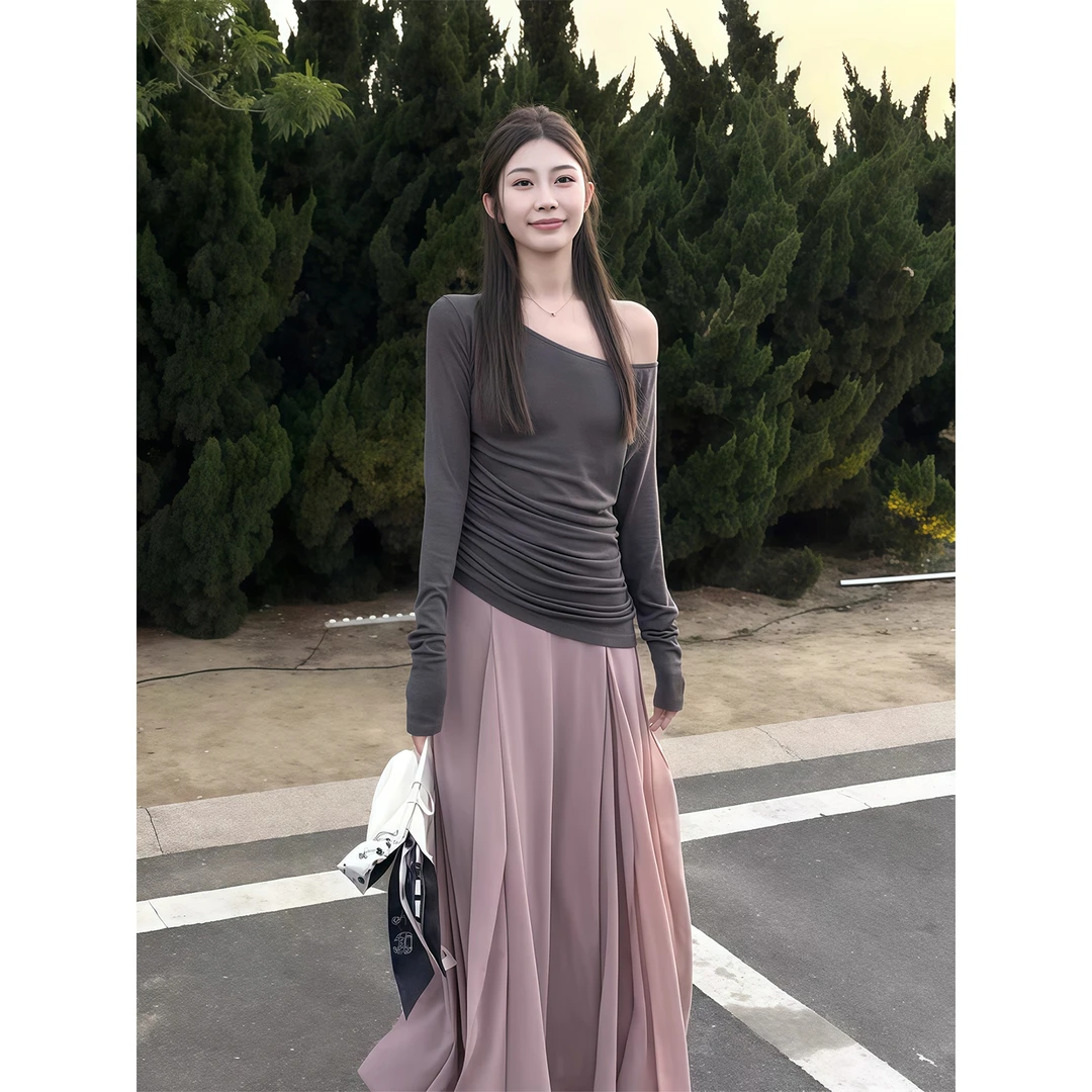 法式气质百搭修身露肩长袖t恤女秋季新款收腰显瘦上衣裙子两件套