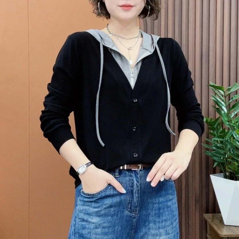 时尚拼色连帽半拉链设计显瘦百搭卫衣春秋上衣女长袖洋气休闲韩版