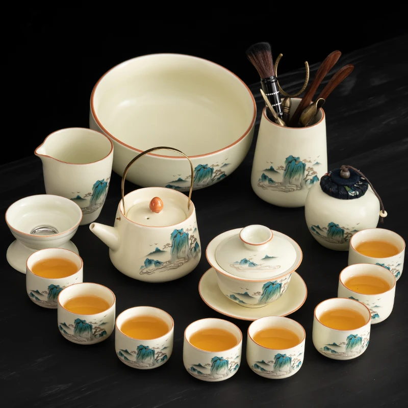 汝窑锦绣山河功夫茶具套装家用盖碗茶壶茶杯客厅办公会客泡茶专用