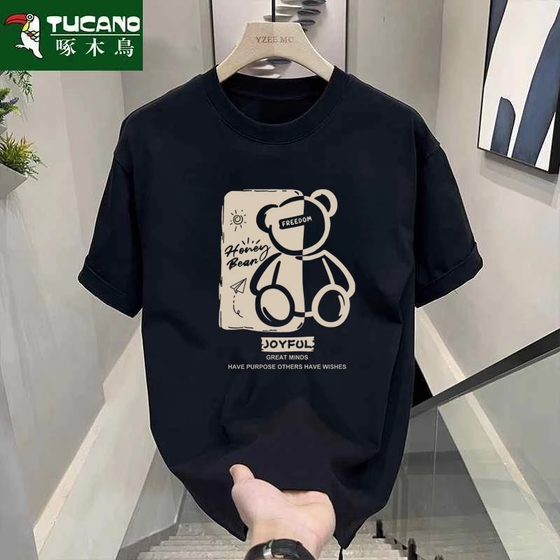 啄木鸟夏季纯棉短袖t恤男女潮流宽松圆领百搭印花打底衫全棉半袖