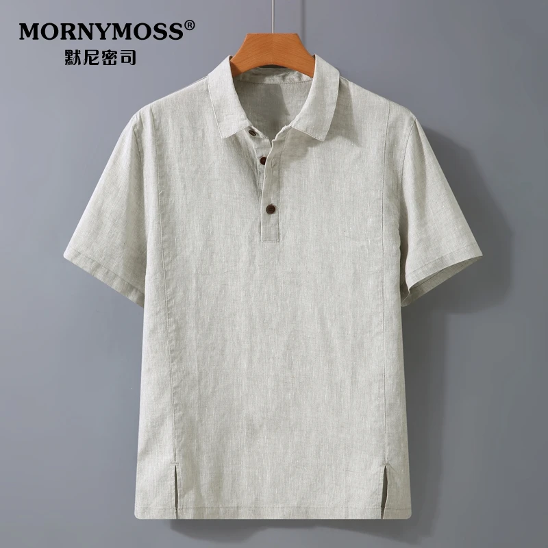 高档纯亚麻翻领短袖T恤宽松休闲Polo衫100%全麻布料百搭体恤衫潮t